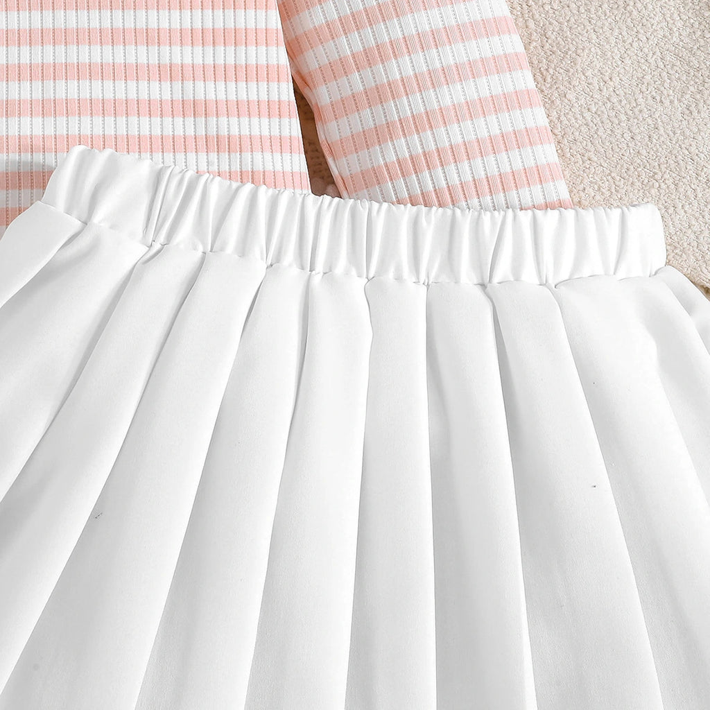 Girls Pink Stripes Heart Embroidered Top With Pleated Skirt Sets Sets