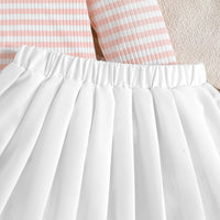 Girls Pink Stripes Heart Embroidered Top With Pleated Skirt Sets Sets