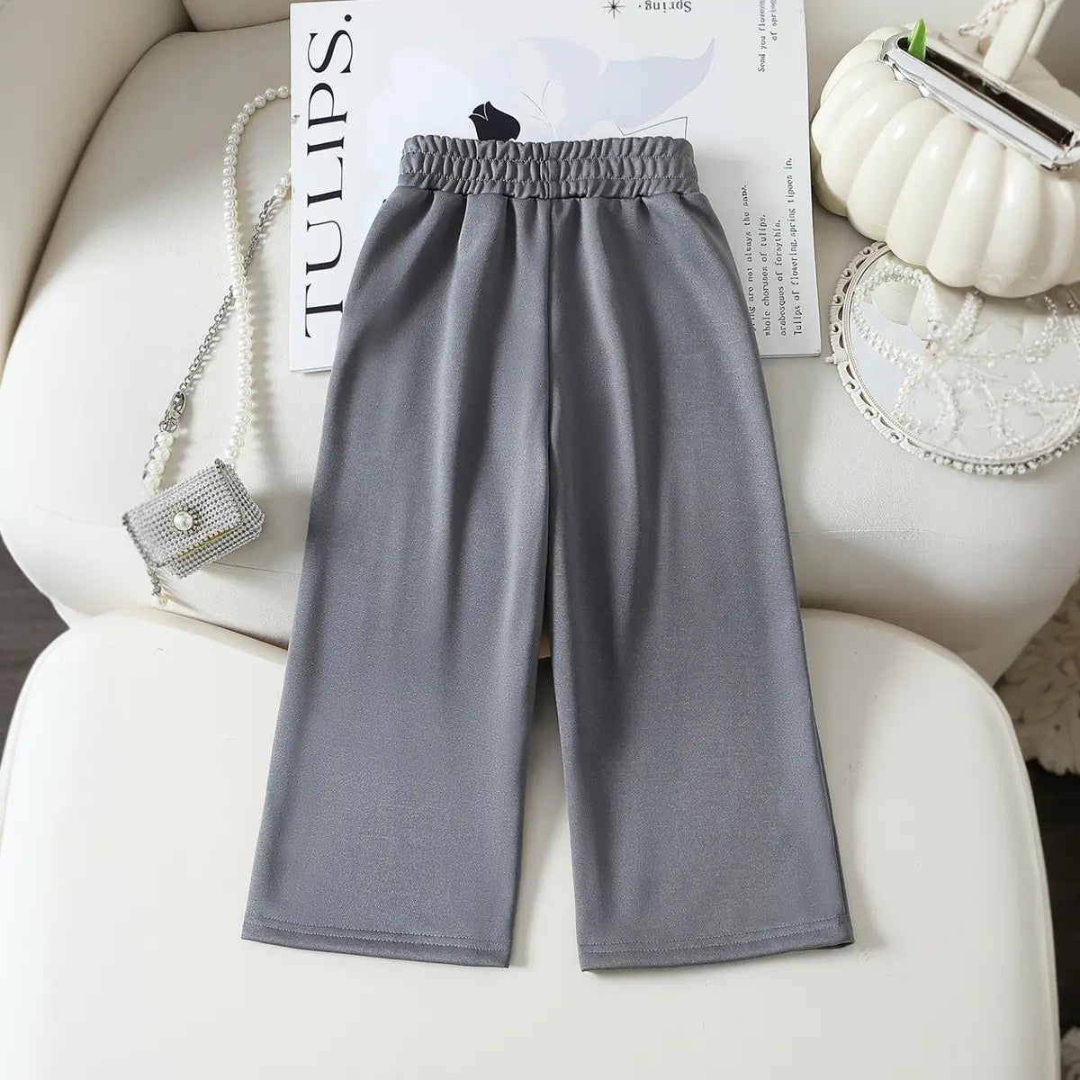 Girls Grey Bow Printed Wide Leg Pants Pants