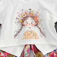 Girls Off White Graphics Short Sleeves Top With Printed Elasticated Hem Pants Set Sets