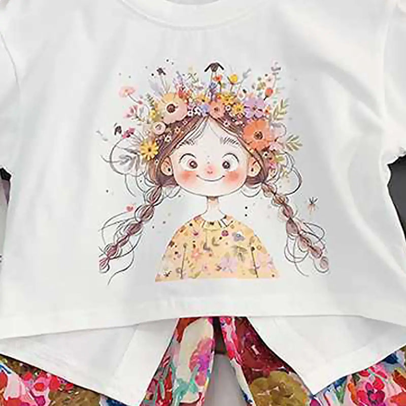 Girls Off White Graphics Short Sleeves Top With Printed Elasticated Hem Pants Set Sets