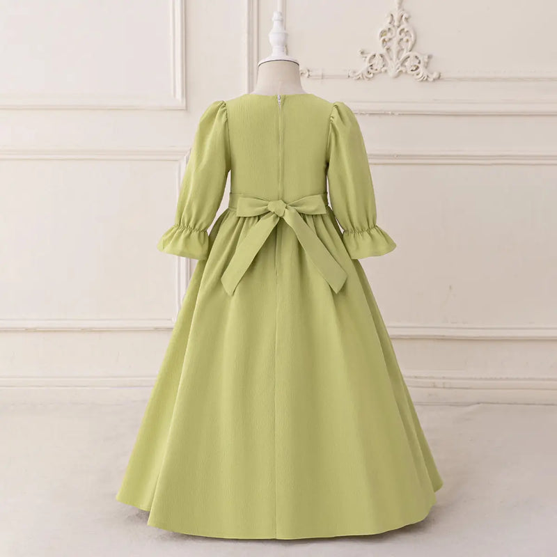 Girls Green Embroidered Fit & Flare Maxi Dress With Puff Sleeves Casual Dresses