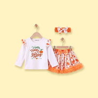 Girls White Happy Thanksgiving Print Top With Skirt Sets 2 pc. Sets White 1-2 Y