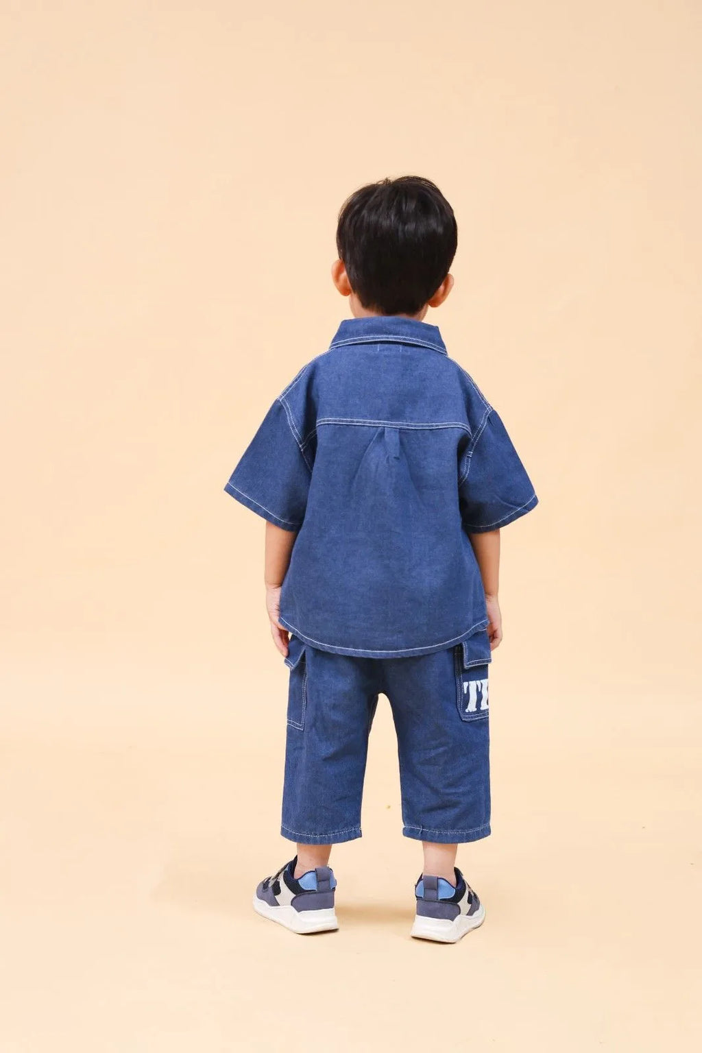 Boys Blue Denim Printed Short Sleeves Shirt With Cargo Pants Set 2 pc. Sets