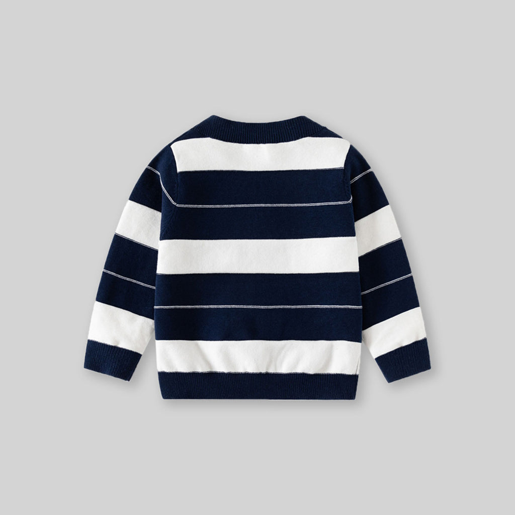 Boys Navy Blue Cardigan With Self-Design Stripe Patterns Sweaters & Cardigans
