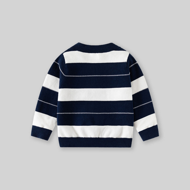 Boys Navy Blue Cardigan With Self-Design Stripe Patterns Sweaters & Cardigans