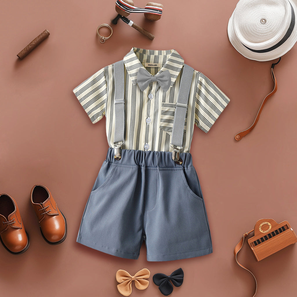 Boys Striped Shirt with Bow & Suspender Shorts Set