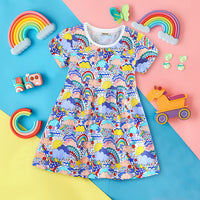 Girls Short Sleeve Rainbow Printed Dress Casual Dresses Blue 1-2 Y 