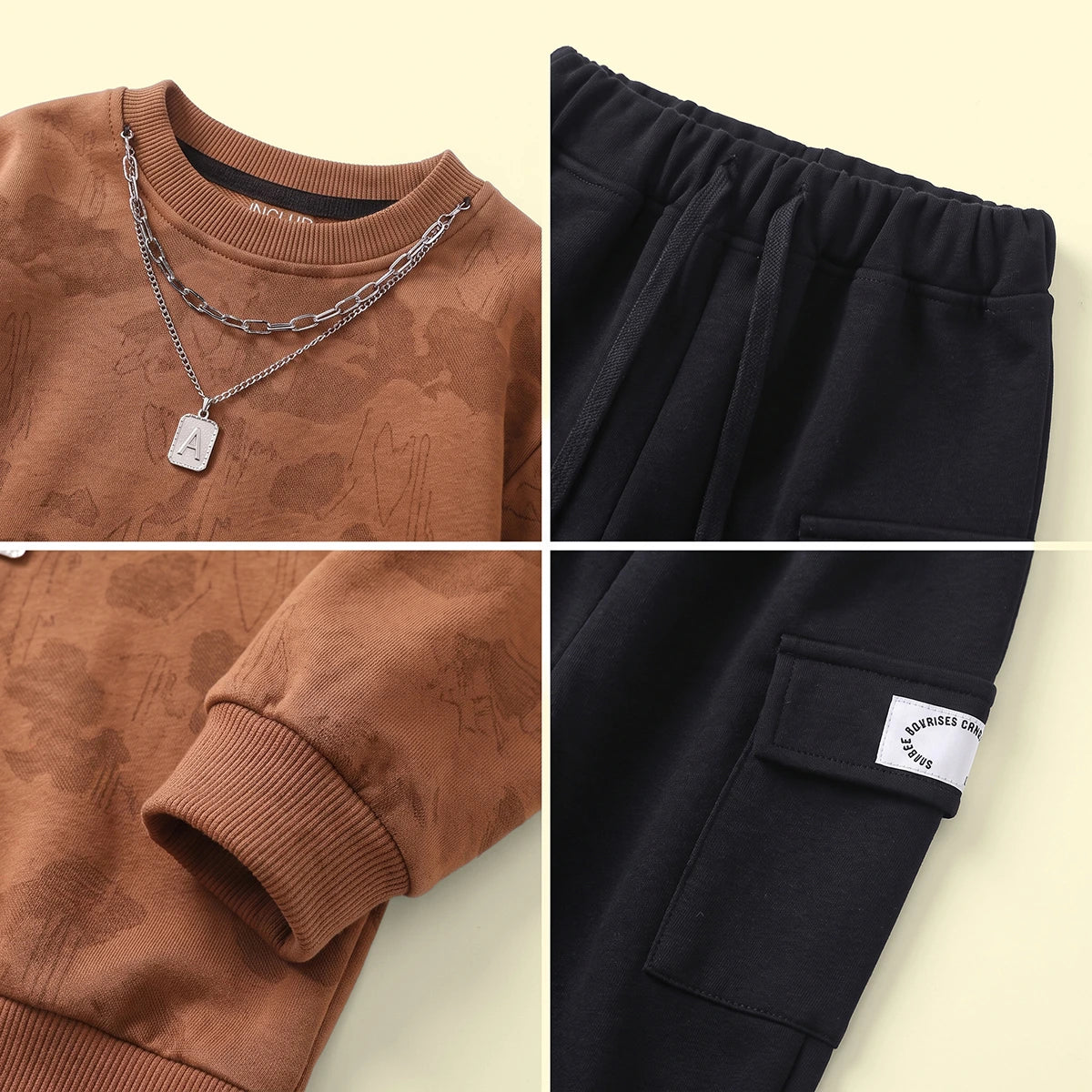 Boys brown abstract print long sleeve sweatshirt and pants set