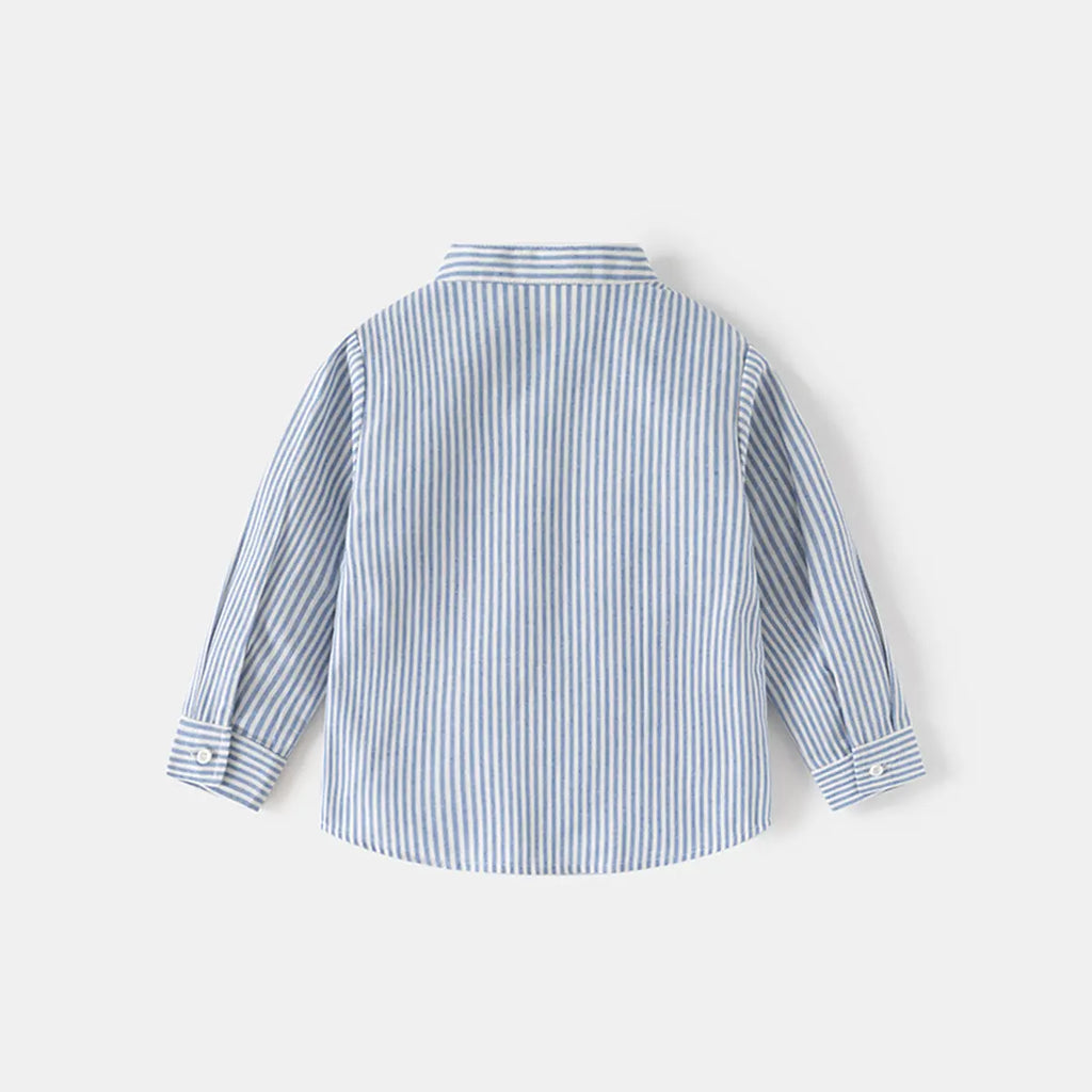 Girls Light Blue Stripes Long Sleeves Shirts With Mandarin Collar Shirts