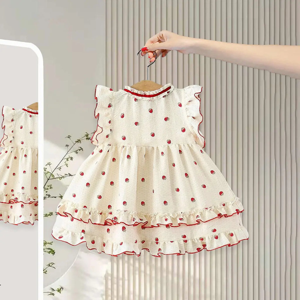 Girls Apricot Strawberry Printed Ruffle Fit & Flare Casual Dress Casual Dresses
