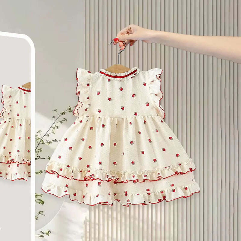 Girls Apricot Strawberry Printed Ruffle Fit & Flare Casual Dress Casual Dresses