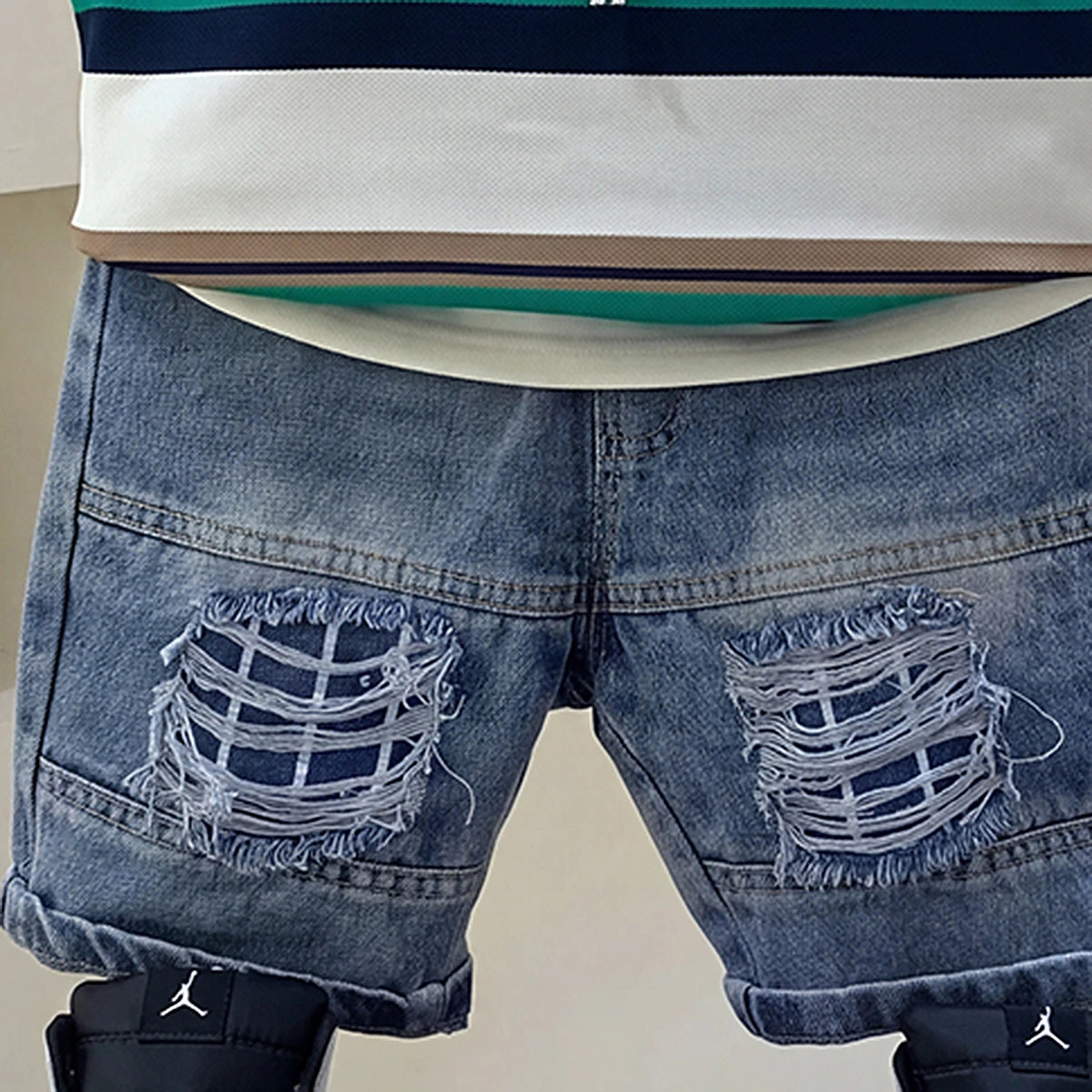 Boys Green Striped T-Shirt With Denim Shorts Sets 2 pc. Sets