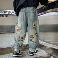 Boys Light Blue Loose Fit Denim Pants with Graphic Print Pants