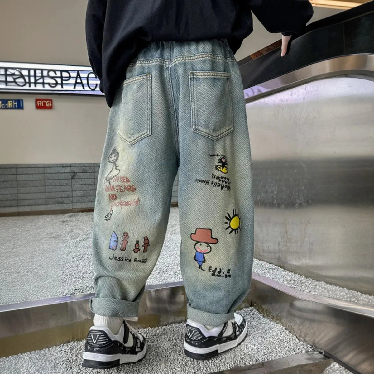 Boys Light Blue Loose Fit Denim Pants with Graphic Print Pants