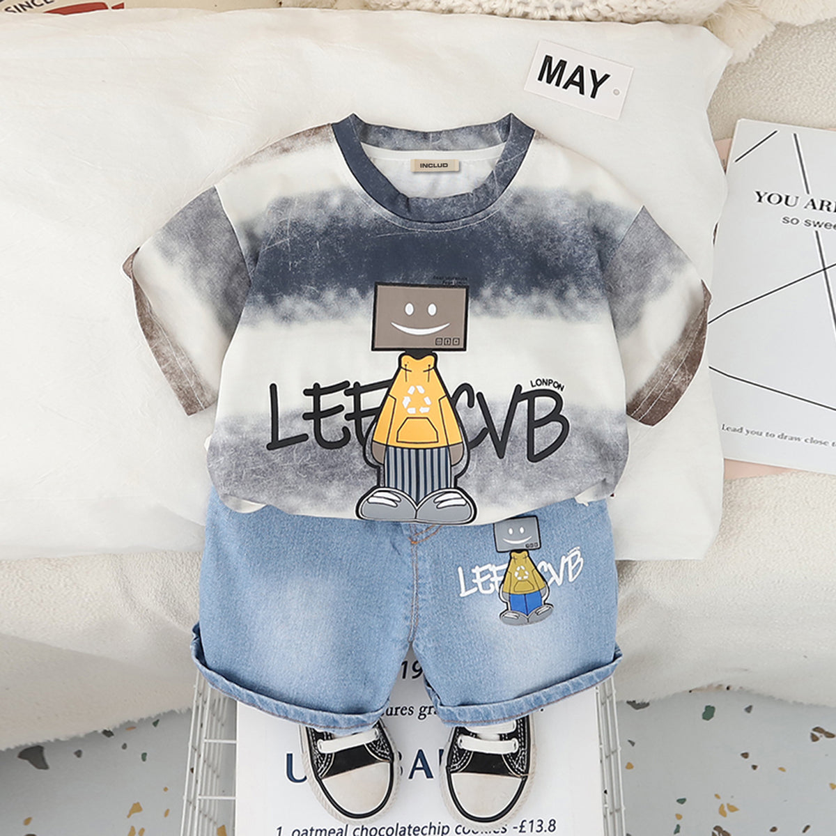 Boys Blue Robot Printed T-Shirt With Denim Shorts Set 2 pc. Sets Blue 1-2 Y