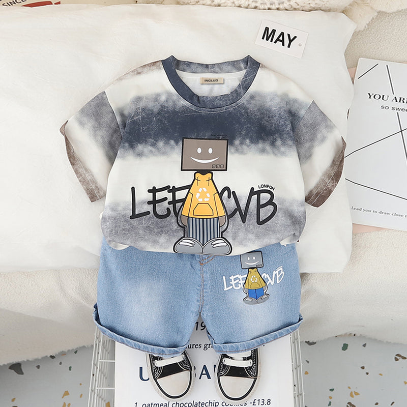 Boys Blue Robot Printed T-Shirt With Denim Shorts Set 2 pc. Sets Blue 1-2 Y