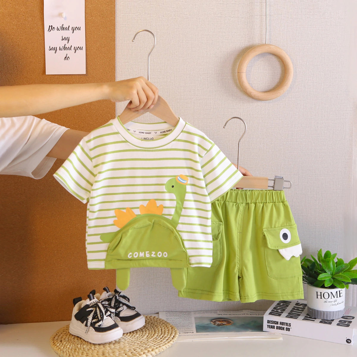 Boys Green Dinosaur Striped T-Shirt With Shorts Sets 2 pc. Sets Green 1-2 Y