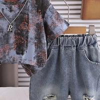 Boys Dark Grey Abstract Printed Short Sleeve T-Shirt With Distressed Denim Shorts Sets 2 pc. Sets