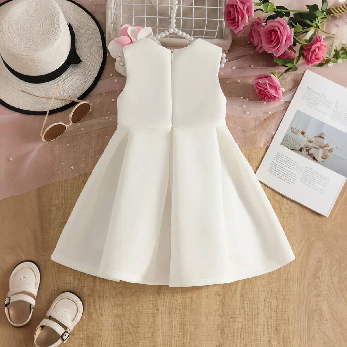 Girls White Sleeveless Fit & Flare Party Wear Dress With Delicate Floral Appliques Party Dresses