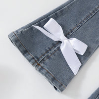 Girls Lavender Pearl Embellished Crop Top With Denim Flared Pants Set Sets