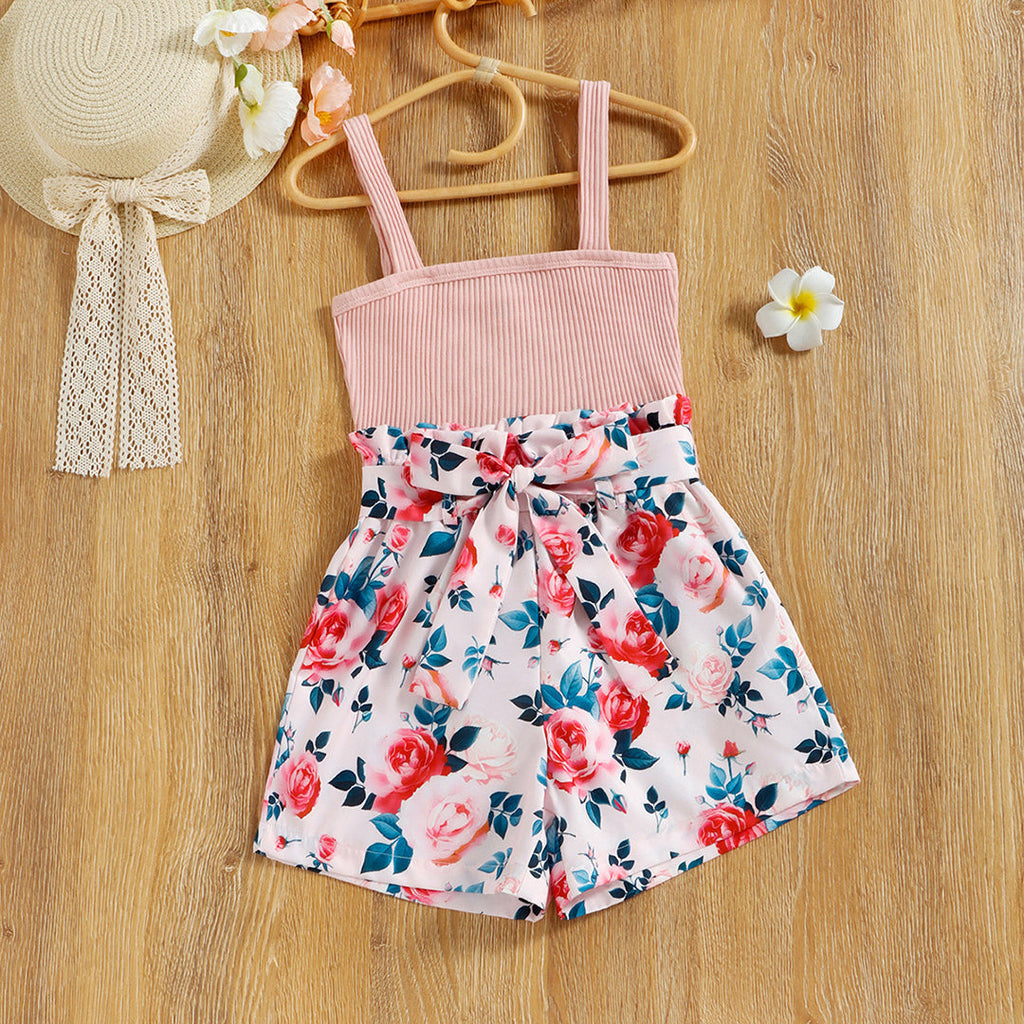 Girls Camisole Top With Floral Printed Self Fabric Belt Shorts