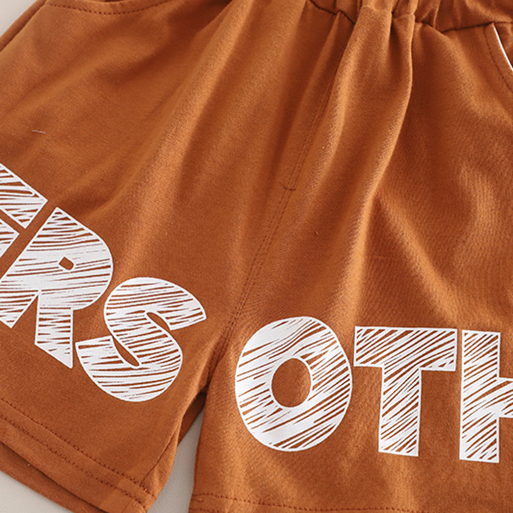 Boys Brown Typographic Printed Color-blocked T-Shirt With Shorts Set 2 pc. Sets