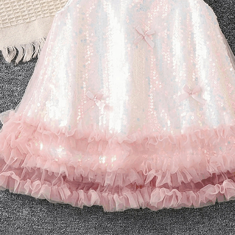 Girls Light Pink Sequins Embellished Sleeveless Flared Party Dress Party Dresses