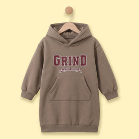 Girls Light Brown Typographic Hooded Tshirt Dress Casual Dresses Light Brown 1-2 Y