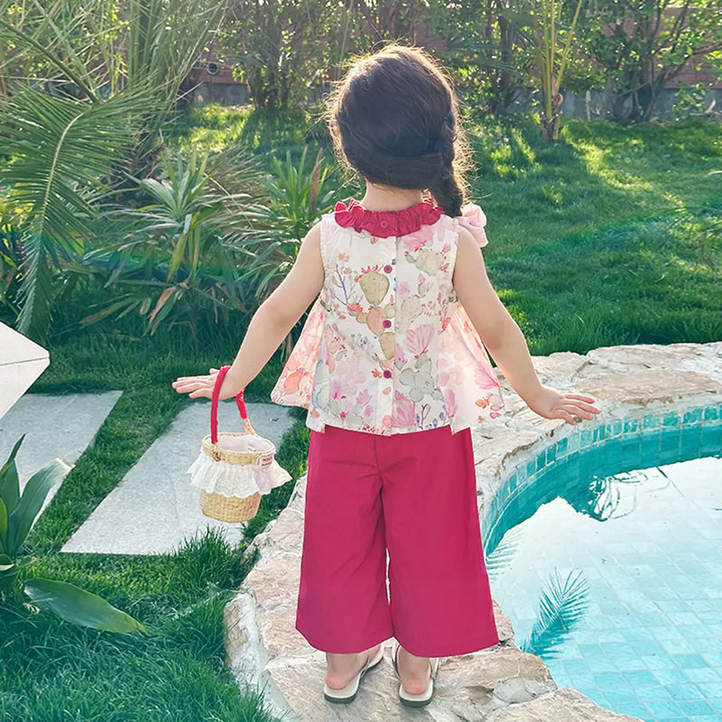 Girls Fuchsia Floral Ruffle Neck Top With Pants Sets Sets
