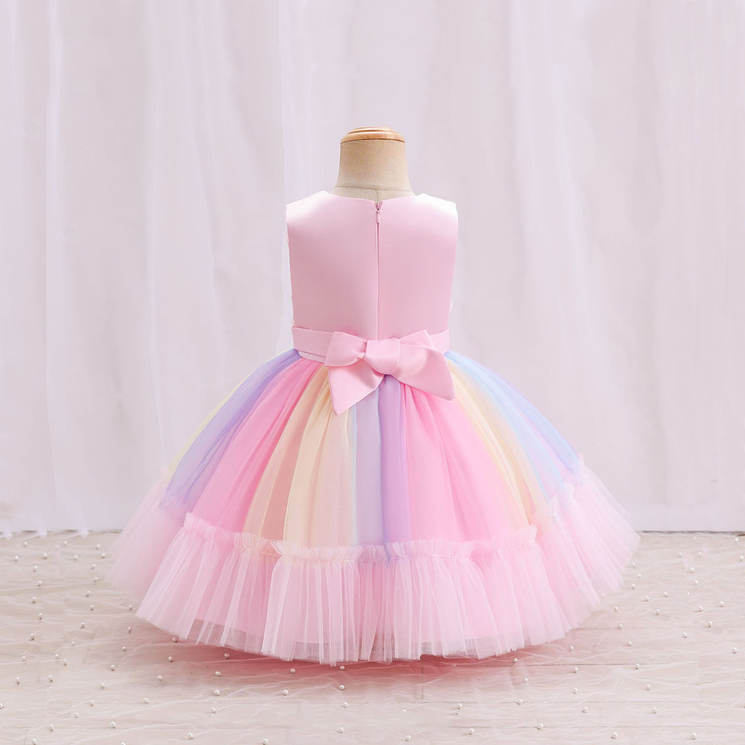 Girls Flower Applique Rainbow Print Party Dress Party Dresses   