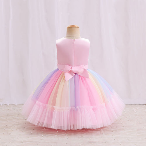 Girls Flower Applique Rainbow Print Party Dress Party Dresses   