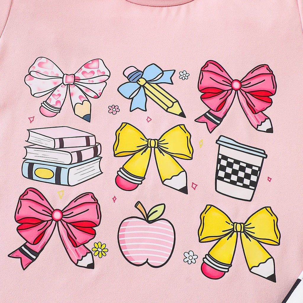 Girls Pink Short Sleeve Bow Print T-Shirt With Checked Pants Sets 2 pc. Sets