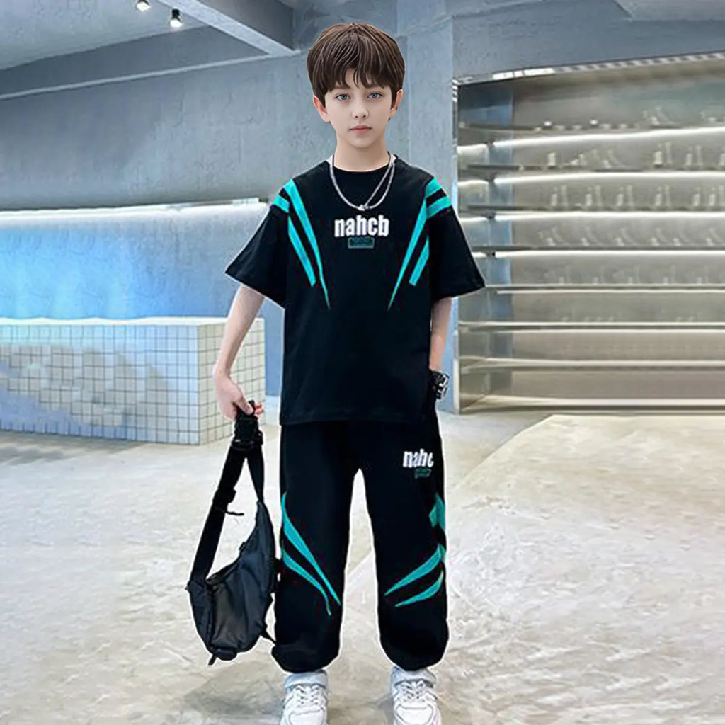 Boys Black Typographic Printed T-Shirt With Joggers Co-ord Sets Sets