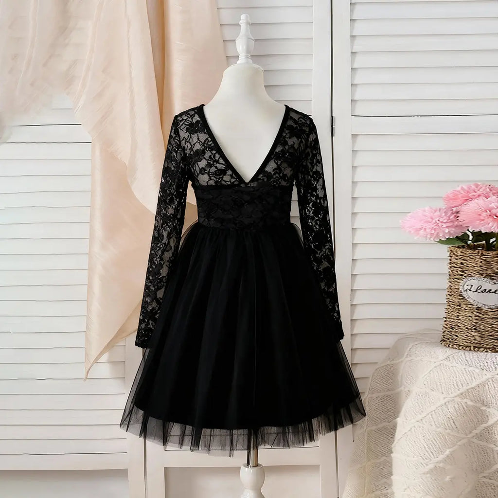 Girls Black Long Sleeves Fit & Flare Party Dress With Lace & Tulle Overlay Party Dresses