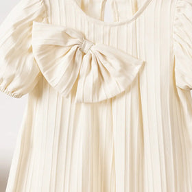 Girls Apricot Stripes A-line Dress With Puff Sleeves Casual Dresses
