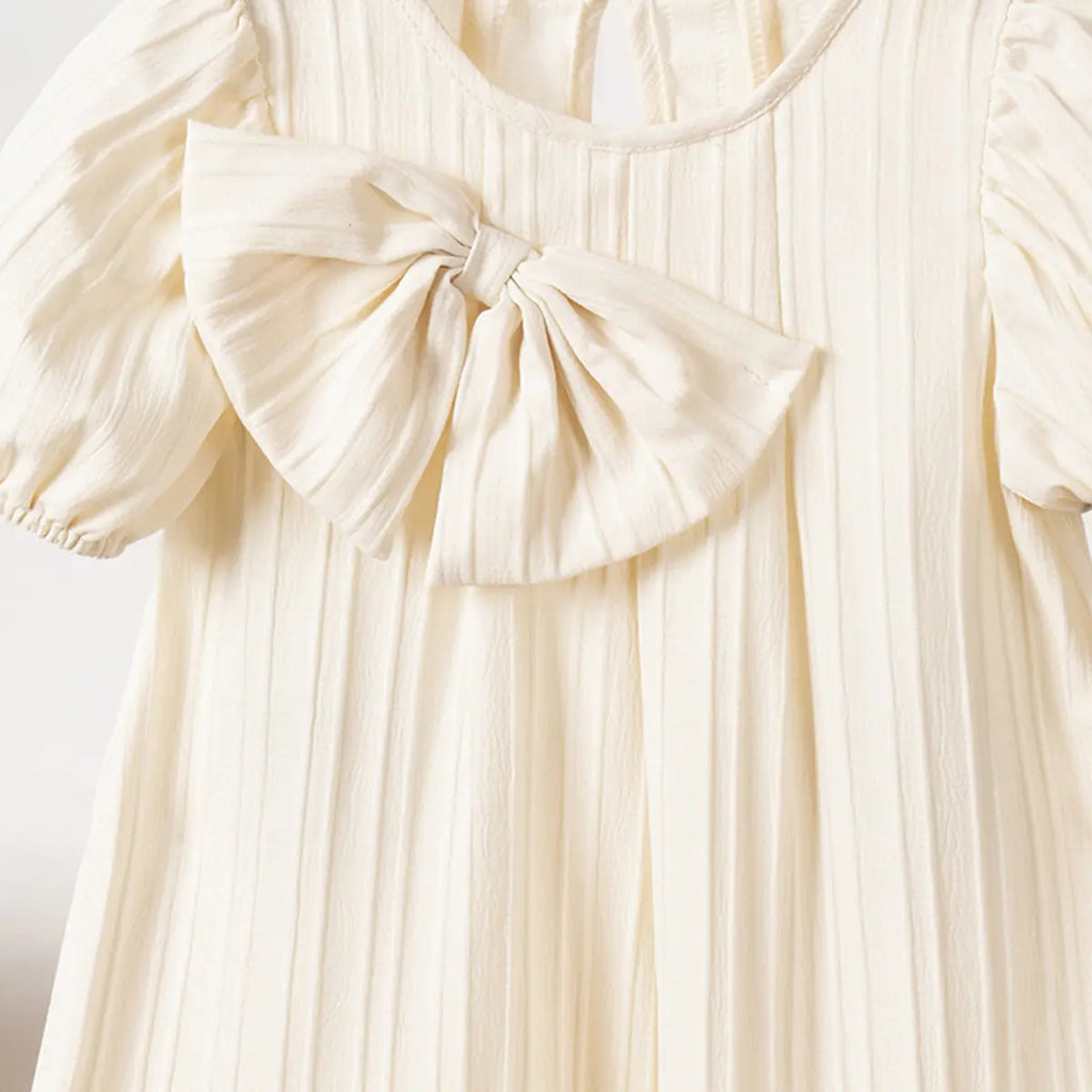 Girls Apricot Stripes A-line Dress With Puff Sleeves Casual Dresses