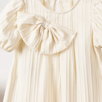 Girls Apricot Stripes A-line Dress With Puff Sleeves Casual Dresses