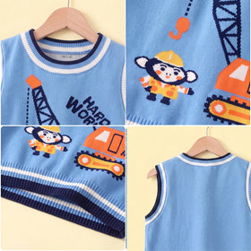 Boys Light Blue Sweater Vest With Self-Design Crane Pattern Sweaters & Cardigans