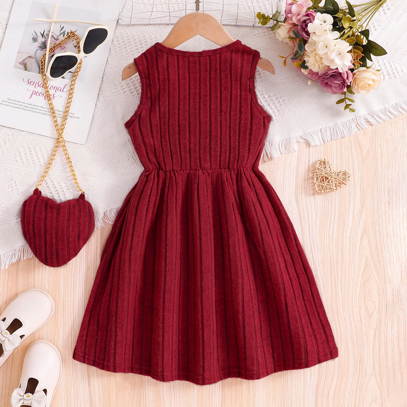 Girls Burgundy Textured Sleeveless Fit & Flare Dress Casual Dresses