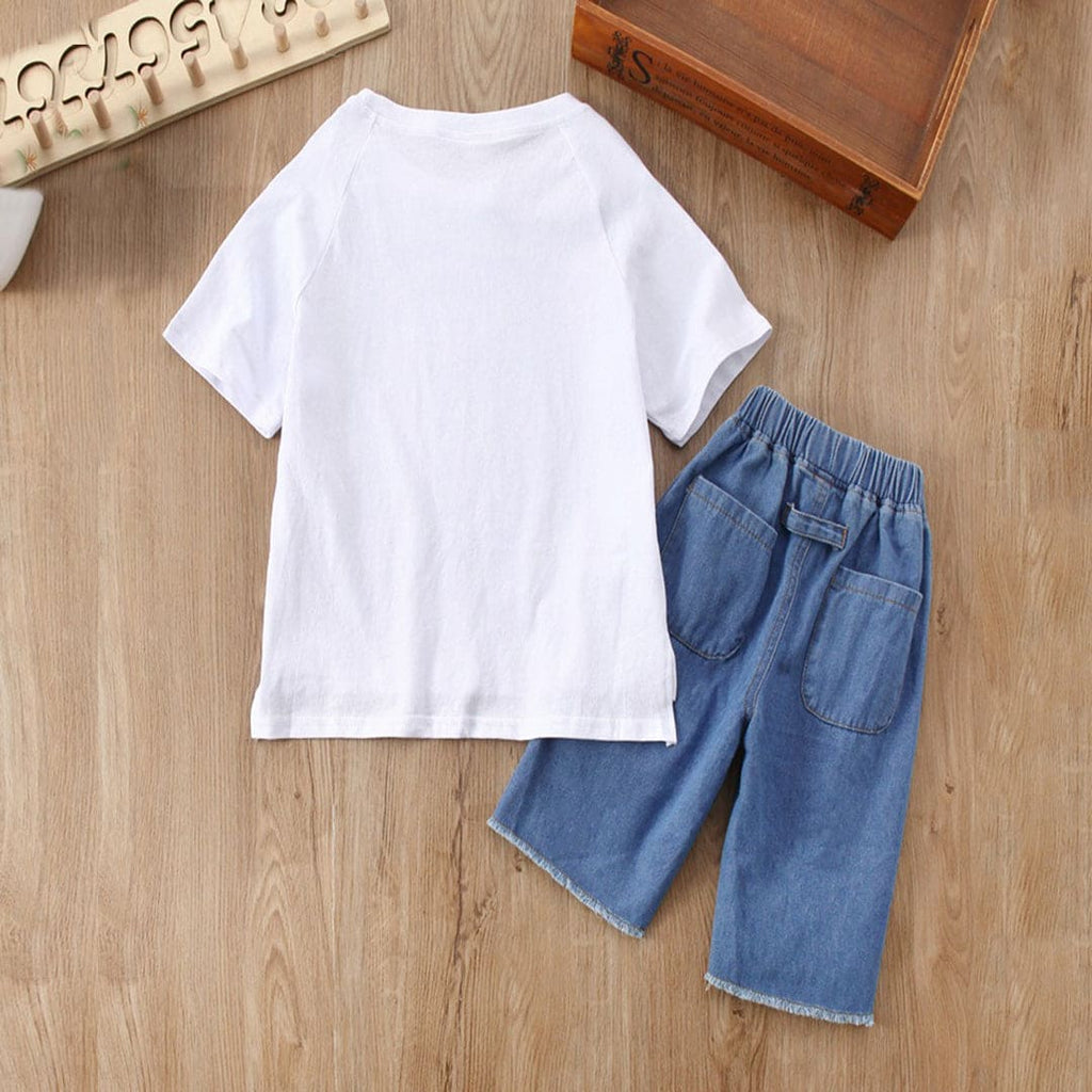 Boys Short Sleeve Graphic Print T-Shirt With Denim Shorts Sets White 4-5 Y 