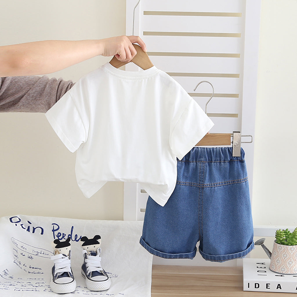 Boys White Teddy Applique Short Sleeves T-Shirt With Denim Shorts Set 2 pc. Sets