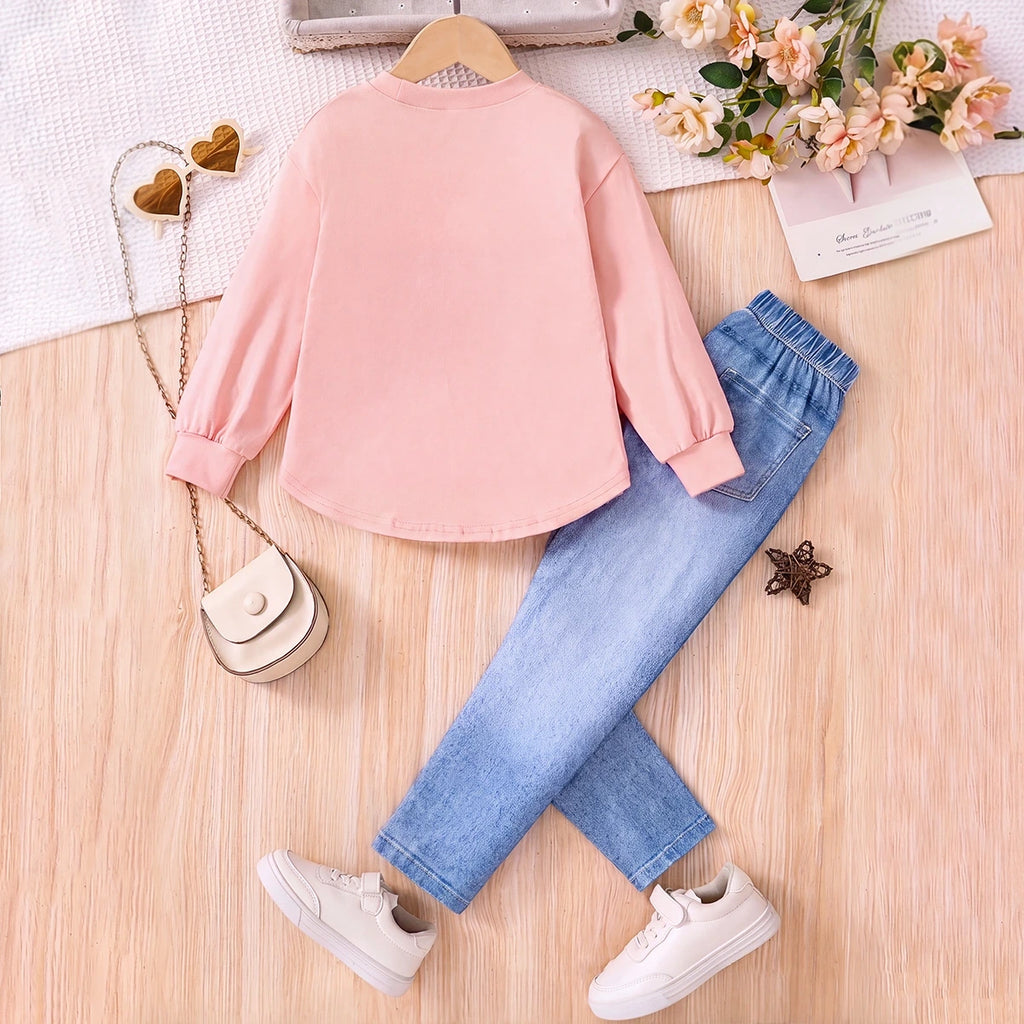 Girls Light Pink Graphic Top With Denim Jeans Sets 2 pc. Sets