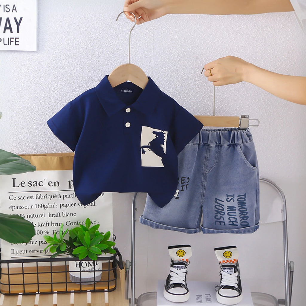 Boys Navy Blue Graphics Polo T-Shirt With Printed Denim Shorts Set Sets Navy Blue 1-2 Y