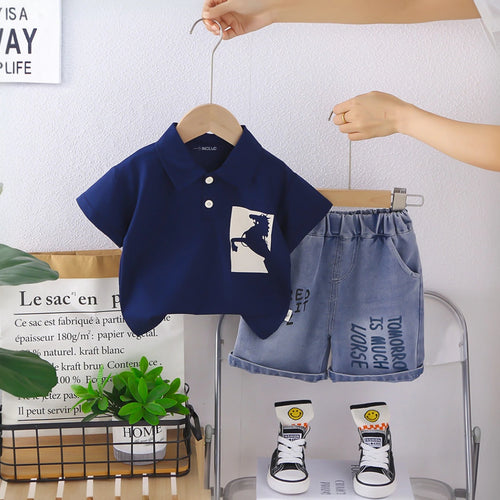 Boys Navy Blue Graphics Polo T-Shirt With Printed Denim Shorts Set Sets Navy Blue 1-2 Y