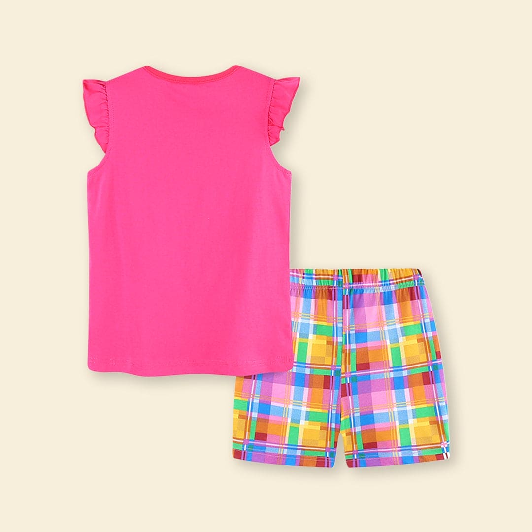 Girls Camera Graphic Top With Checked Shorts 2 pc. Sets   