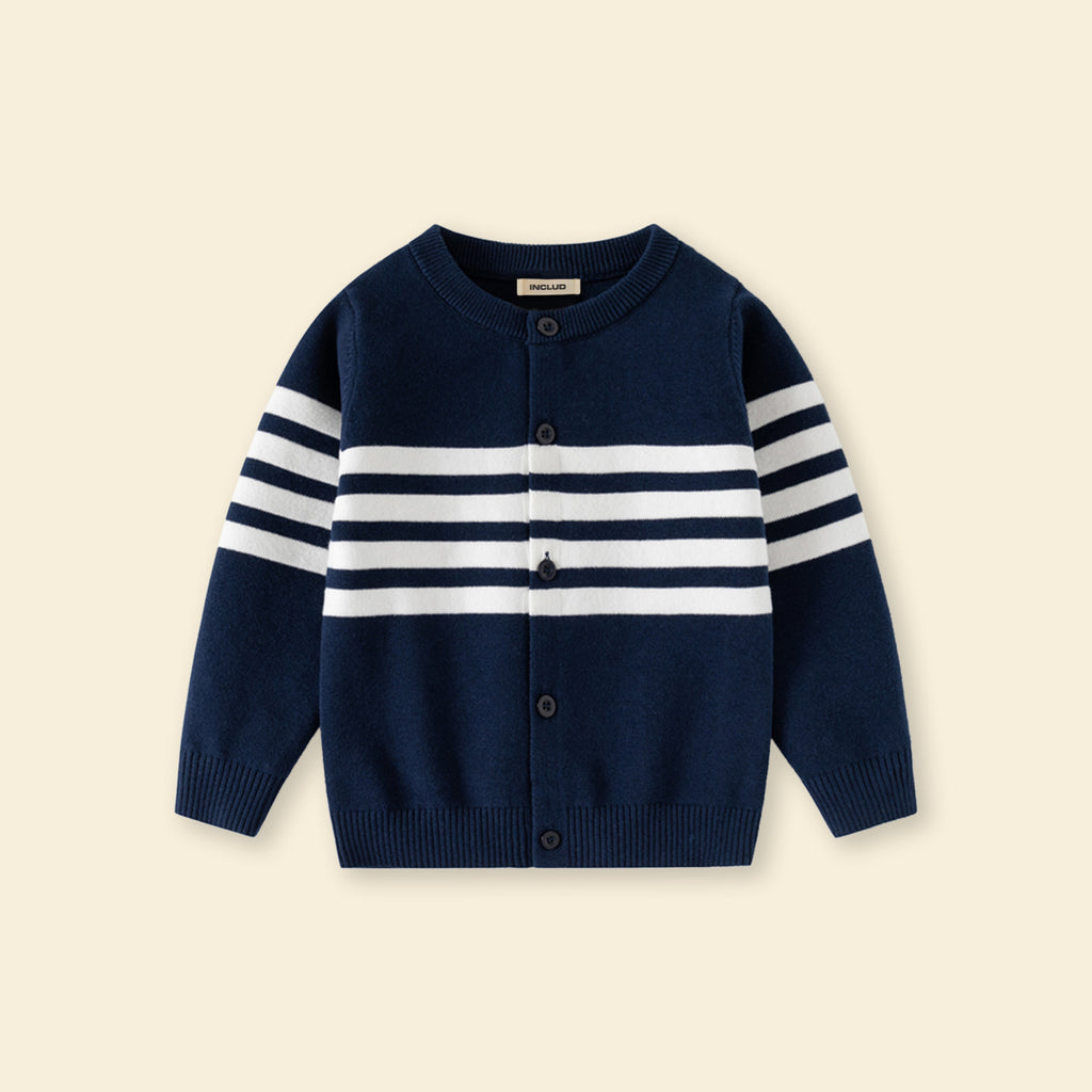 Boys Navy Blue Cardigan With Self-Design Stripe Patterns Sweaters & Cardigans