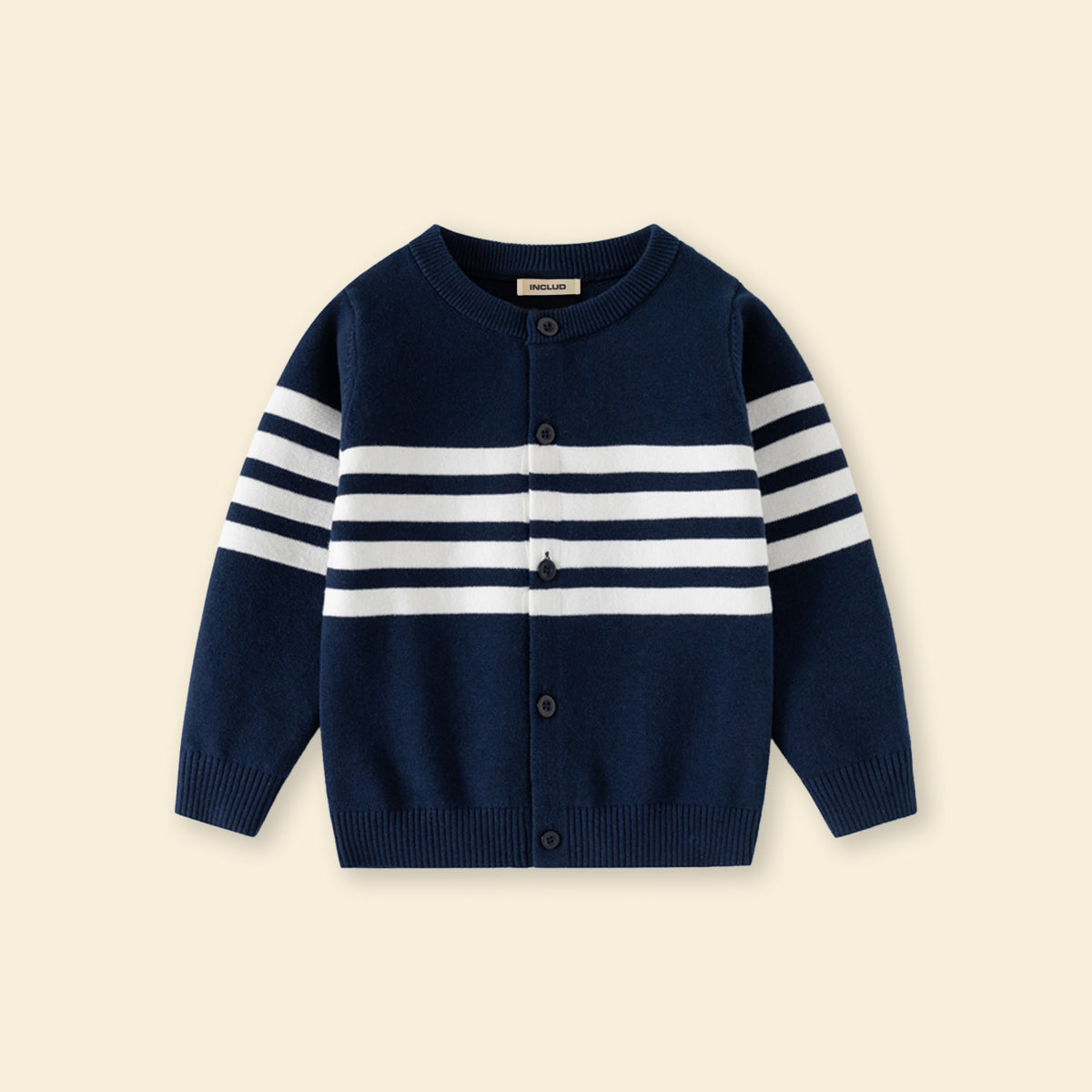 Boys Navy Blue Cardigan With Self-Design Stripe Patterns Sweaters & Cardigans