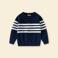 Boys Navy Blue Cardigan With Self-Design Stripe Patterns Sweaters & Cardigans