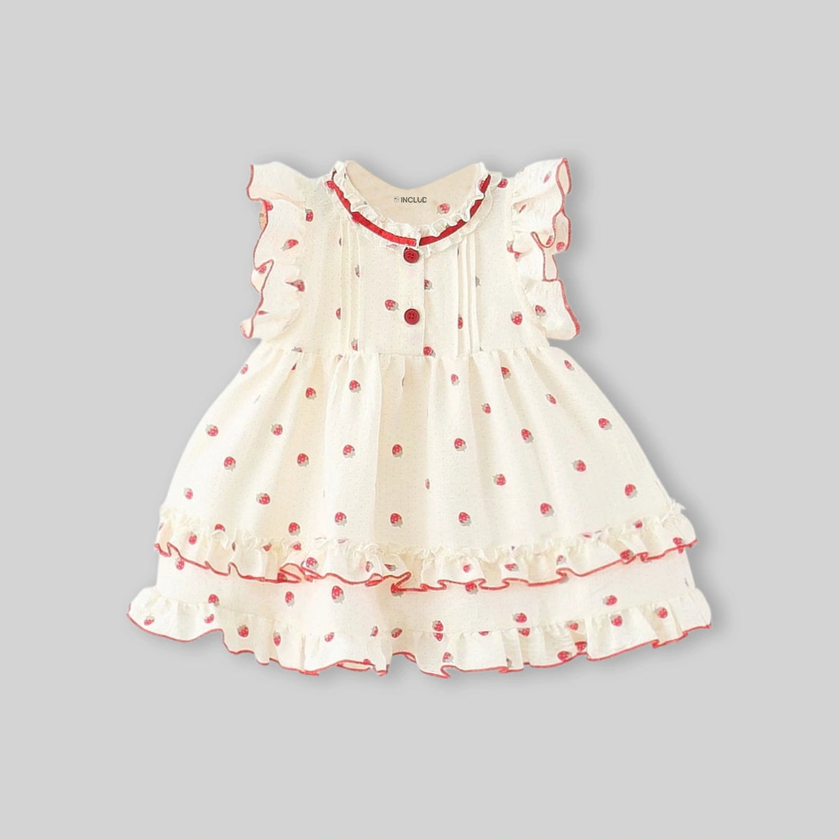 Girls Off White Strawberry Print Ruffle Fit & Flare Dress Casual Dresses